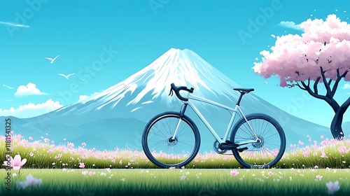 Serene Mountain Bike: Fuji Vista, Spring Blossoms, Artistic Serenity photo