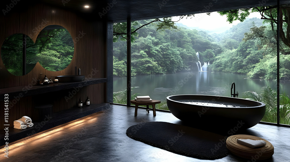 Modern Bathroom Design Enhances Waterfall Views with Tranquil Nature Modern Bathroom Design Enhances Waterfall Views with Tranquil Nature