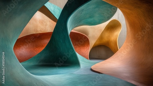 Wallpaper Mural Abstract Wooden Curves Teal, Orange and Brown Interior Design, 3D Render, Architectural Visualization Abstract art, Interior design Torontodigital.ca