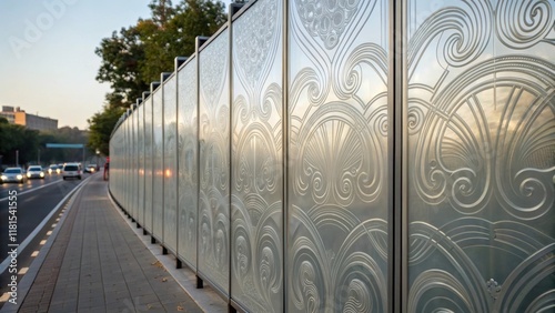 A closeup of a transparent acrylic noisereduction wall displaying intricate etchings. Elegant patterns swirl across the surface catching reflections of passing cars and photo