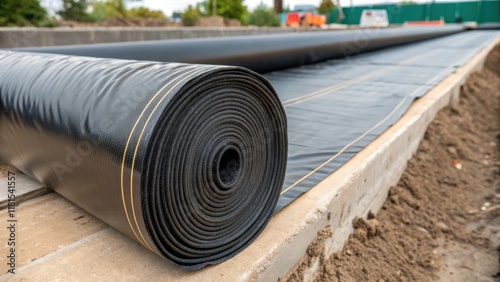 A closeup of a transport roll of stormwater liners being unrolled on the construction site. The image captures the moment the edge of the thick material starts to unwind showing