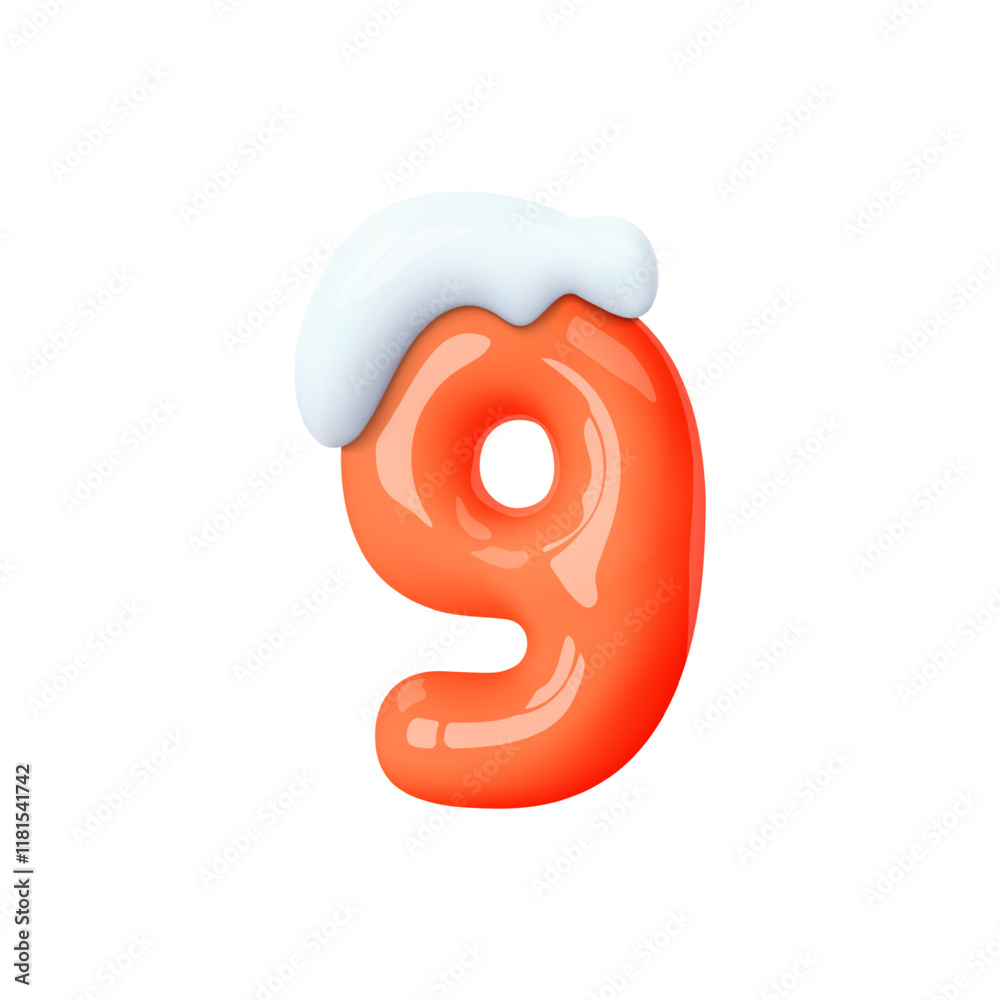 3d winter number 9 isolated. Red balloon number under snow cap. Winter decoration element for holiday design, Christmas, New Year card. Cartoon vector illustration 3d winter number 9 isolated. Red balloon number under snow cap. Winter decoration element for holiday design, Christmas, New Year card. Cartoon vector illustration