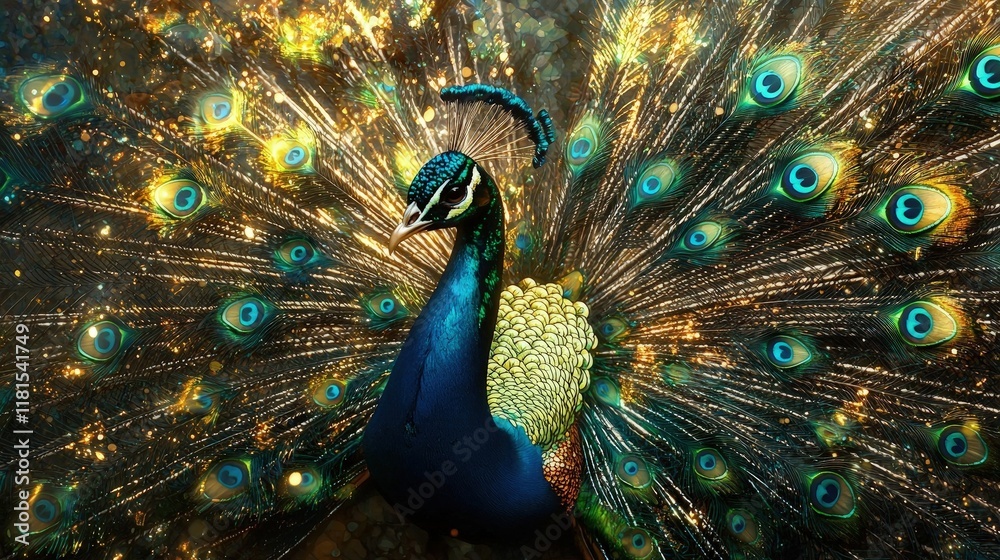 Obraz premium Vibrant peacock with an open tail standing in lush greenery surrounded by colorful flowers. Sunlight streams through the leaves, creating a magical and serene scene. Generative by AI.