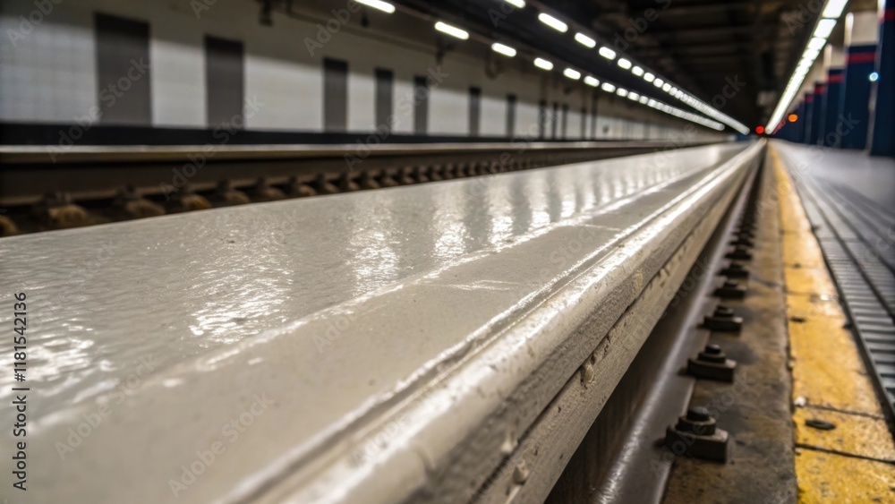 Obraz premium A closeup of the edge of a subway segment reveals the dimensions of the manufacturing process. The smooth clean contrasts with the surrounding jagged edges as light highlights the