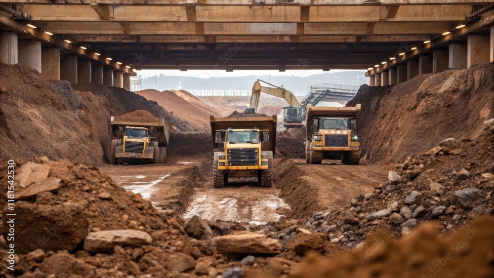 Fototapeta premium A closeup of the massive excavation work beneath the evolving structure with heavy machinery digging into the earth and dump trucks lined up. The chaotic mix of mud rocks and