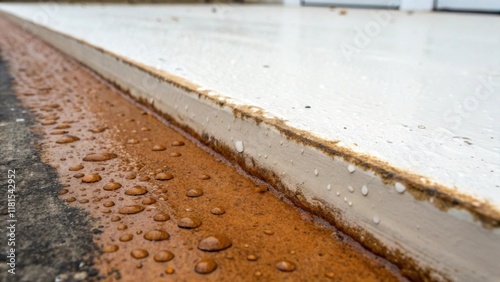 A closeup perspective reveals the staining along the edges of the membrane caused by moisture testing. The contrast between the saturated area and the dry intact membrane photo