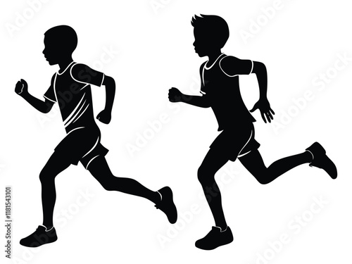 boys jogging silhouettes on white background