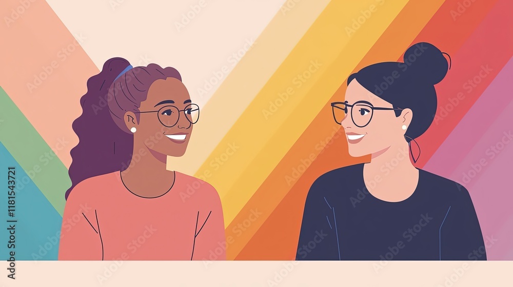 Colorful illustration of two people facing each other, smiling. Warm tones with abstract background circles create a positive and friendly atmosphere. Generative by AI. Colorful illustration of two people facing each other, smiling. Warm tones with abstract background circles create a positive and friendly atmosphere. Generative by AI.