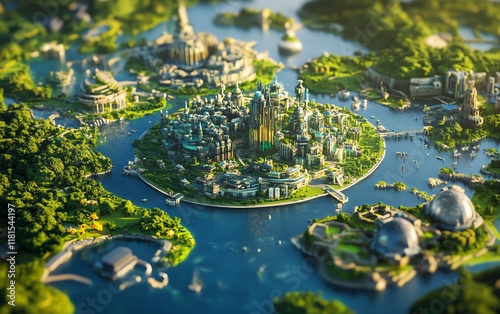 Wallpaper Mural Aerial view of a fantastical, eco-friendly city nestled within a lush green forest, showcasing unique architecture and a serene river. Torontodigital.ca