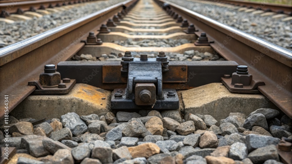 A close view of a railway switch where the gravel ballast is meticulously arranged around the mechanical components. The uniform distribution of stones shows the importance of A close view of a railway switch where the gravel ballast is meticulously arranged around the mechanical components. The uniform distribution of stones shows the importance of