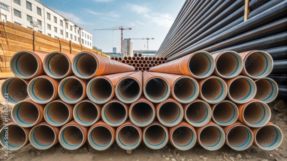 A corner of the construction site where several different diameters of drainage pipes are stacked. The careful organization reveals a spectrum of sizes with the largest pipes on A corner of the construction site where several different diameters of drainage pipes are stacked. The careful organization reveals a spectrum of sizes with the largest pipes on