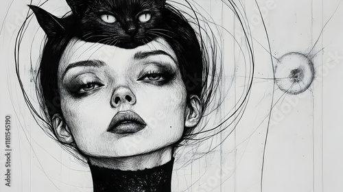 Woman with Black Cat Drawin...