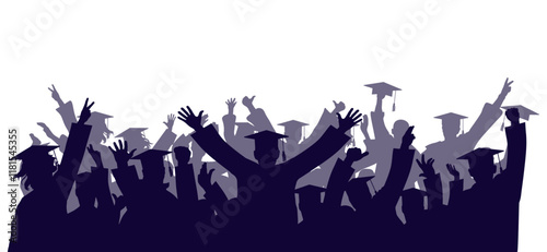 Graduation ceremony. Happy crowd of graduate students in academic caps. Cheerful people silhouette. Vector  illustration.