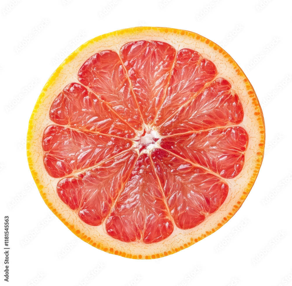 Juicy grapefruit slice with bright red pulp and yellow rind, fresh citrus fruit for healthy eating, natural nutrition, and tropical concepts isolated on transparent background Juicy grapefruit slice with bright red pulp and yellow rind, fresh citrus fruit for healthy eating, natural nutrition, and tropical concepts isolated on transparent background