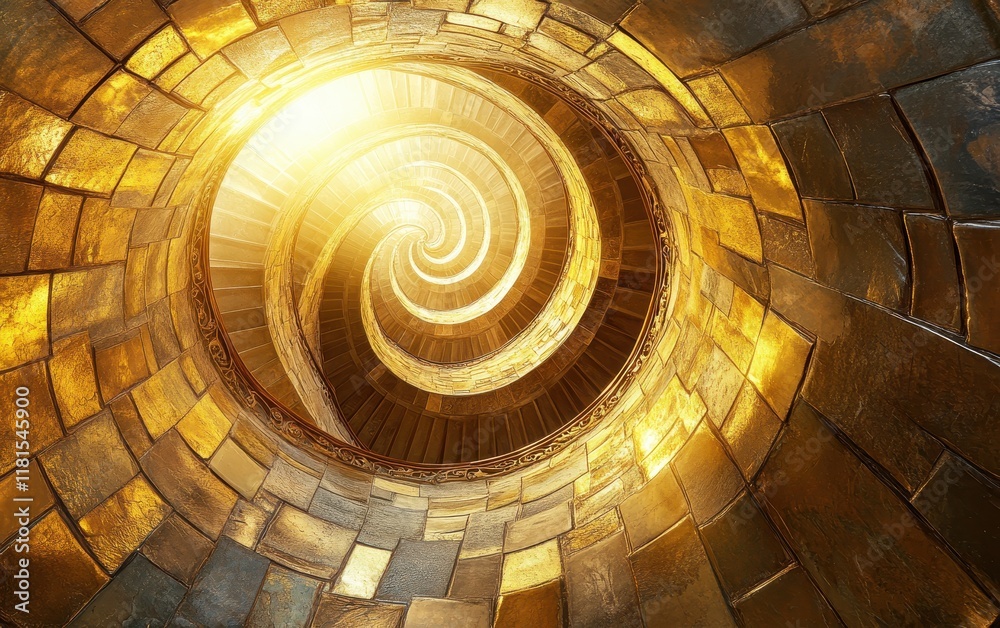 Naklejka premium Golden Spiral Staircase with Radiant Light at the Apex, Intricate Stone Detail.