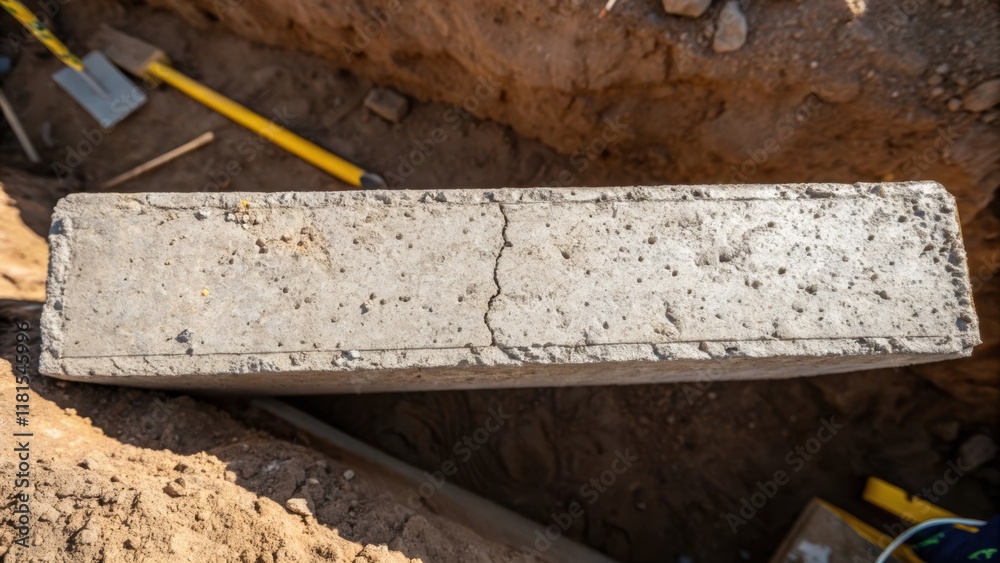 A detailed shot capturing the raw texture of a weathered precast concrete segment with small fine cracks and signs of aging evident. The overhead view reveals the surrounding A detailed shot capturing the raw texture of a weathered precast concrete segment with small fine cracks and signs of aging evident. The overhead view reveals the surrounding