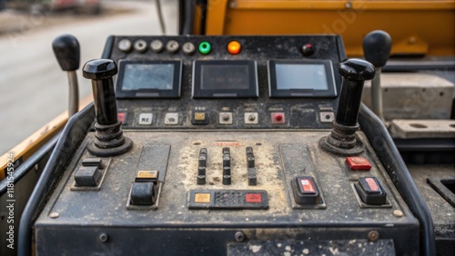 A detailed perspective on the control panel of a roadway milling machine featuring an array of levers buttons and digital displays. The panel is slightly worn from use with smudges photo