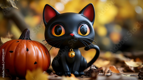 Black Cat Sits by Pumpkin i...