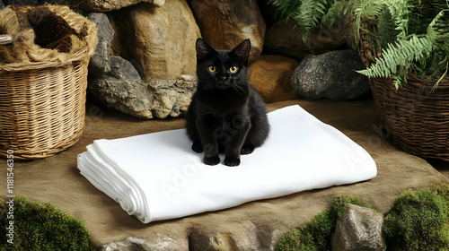 Black Cat Sits Calmly on Wh...