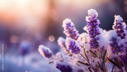 lavender flowers studded with snow in winter with copy space. snow covered purple flower. frost in flowers.