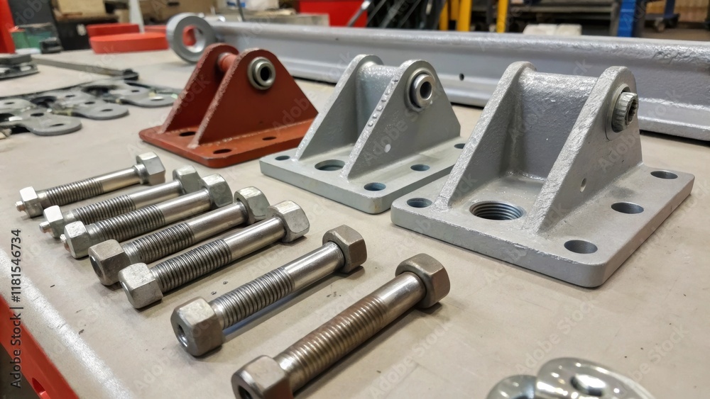 Fototapeta premium A detailed shot of various steel connectors and fastening mechanisms laid out on a workbench revealing the fine points of design and functionality. Each piece glimmers with a fresh
