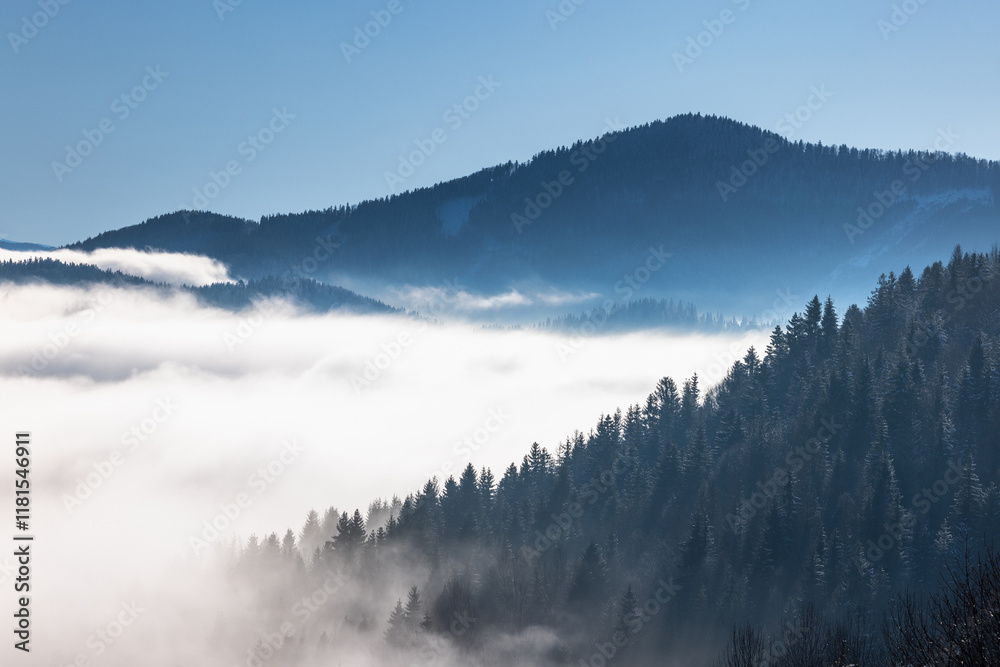 Fototapeta premium Snowy winter landscape in a misty sunny morning. The Orava region in north of Slovakia, Europe.