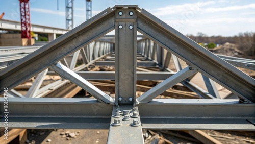 A detailed view of a steel truss at its apex showcases the precise engineering involved in its design. The delicately balanced angles braces and joints reflect a commitment to photo