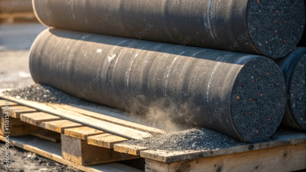 A detailed view of multiple asphalt rolls stacked against a weathered wooden pallet with the focus on the fibrous texture of the material. Dust particles dance in the air A detailed view of multiple asphalt rolls stacked against a weathered wooden pallet with the focus on the fibrous texture of the material. Dust particles dance in the air