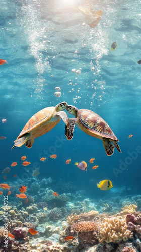 Two turtles kissing underwater surrounded by colorful fish and coral reefs