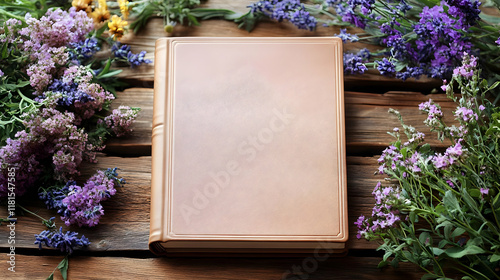 Blank Book Lies on Wood Tab...