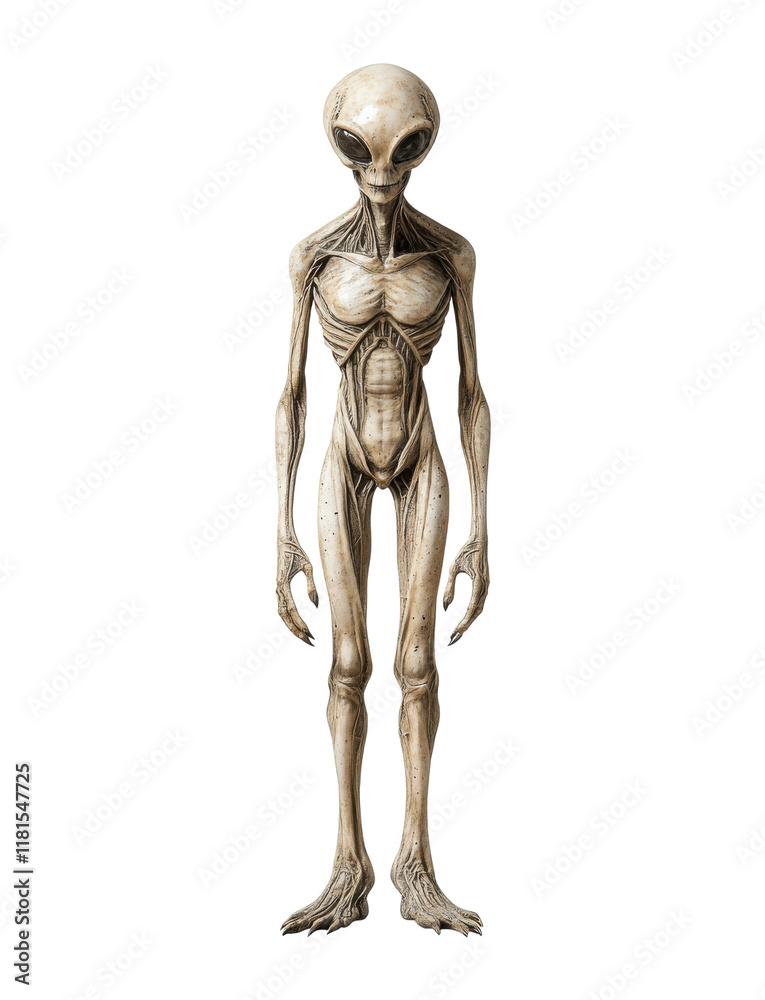 Tall alien creature with skeletal features, large black eyes, otherworldly humanoid extraterrestrial design, mysterious sci-fi being isolated on transparent background Tall alien creature with skeletal features, large black eyes, otherworldly humanoid extraterrestrial design, mysterious sci-fi being isolated on transparent background