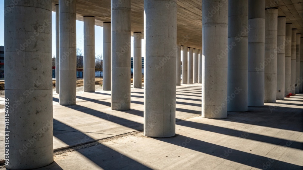A diagonal perspective of several precast concrete columns standing upright their tops aligned perfectly. Bright sunlight casts elongated shadows at their bases creating a dramatic A diagonal perspective of several precast concrete columns standing upright their tops aligned perfectly. Bright sunlight casts elongated shadows at their bases creating a dramatic