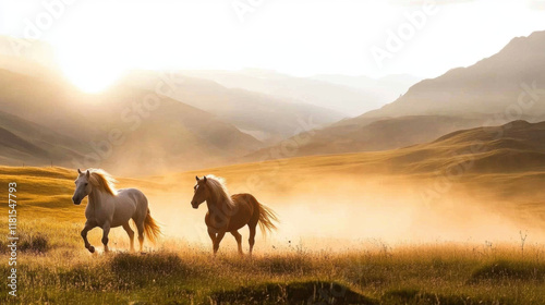 Two horses running freely in dusty open field at sunset