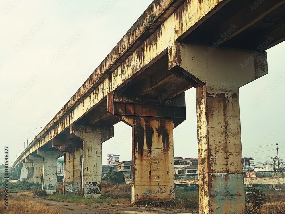 Fototapeta premium Old railway overpass in a neglected area surrounded by dry grass and urban structures during a cloudy day