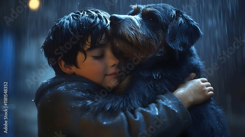 Boy Hugs Dog in Rain: Love,...