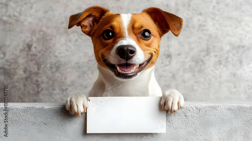 Happy Dog Holds Blank Sign,...