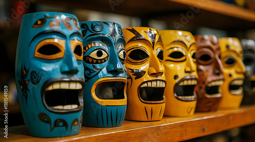 Colorful Wooden Masks Displ...