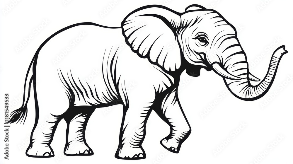 Fototapeta premium African Elephant Walking, Vector Illustration, Coloring Page, Outline Drawing, Wildlife, Animal
