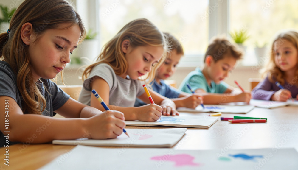 First-grade students creating art at classroom table, childhood creativity First-grade students creating art at classroom table, childhood creativity