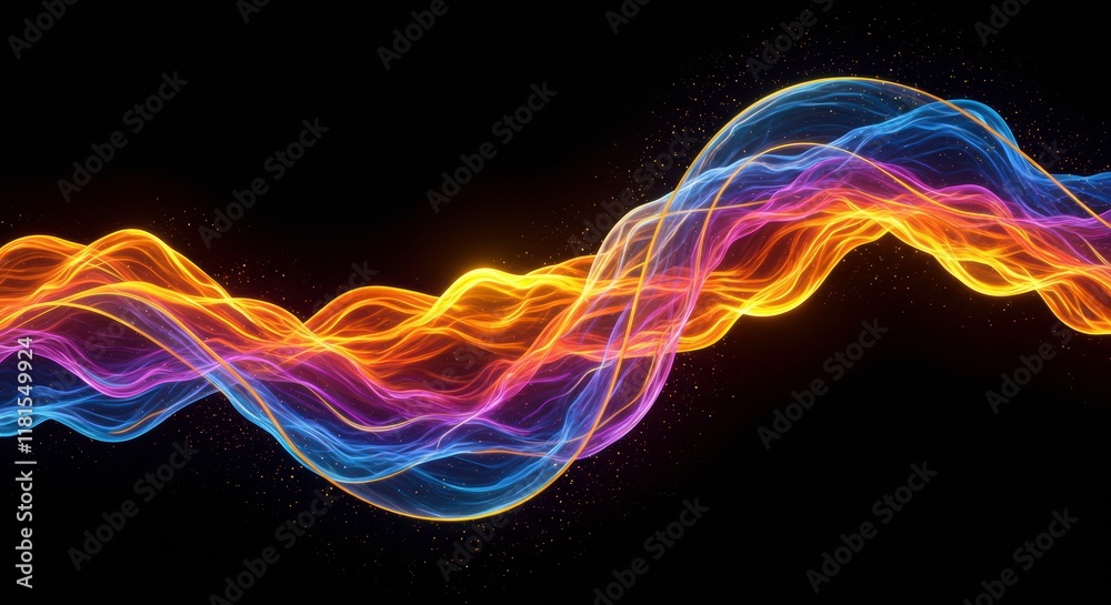 Vibrant Energy Wave: Abstract digital art depicting a flowing, vibrant wave of light in shades of blue, orange, and pink against a black background. The wave creates a dynamic, energetic.