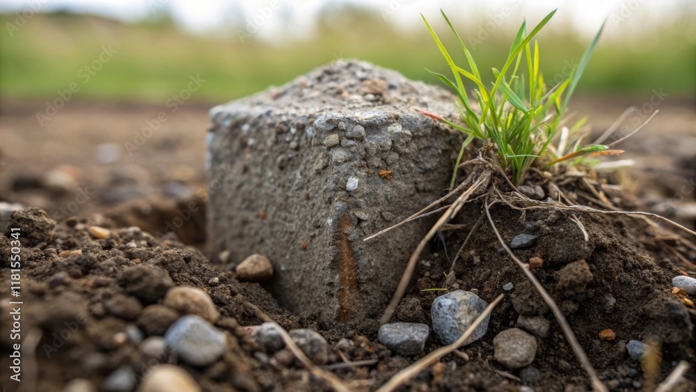 A macro perspective of a foundation piles tip embedded in the earth showcasing small rocks and soil particles clinging to its sides. The vibrant hues of the earth contrast with the A macro perspective of a foundation piles tip embedded in the earth showcasing small rocks and soil particles clinging to its sides. The vibrant hues of the earth contrast with the