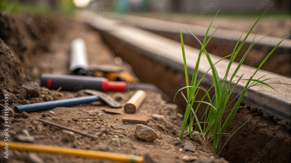 Naklejka premium A macro shot captures small detailsa few tered tools and construction debris lying on the surface beside the trench while grass blades peek out from the edges. The conduits are sd
