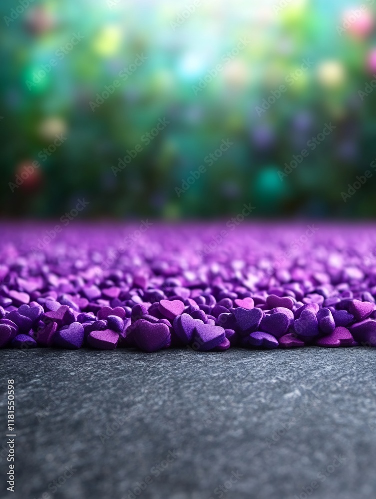 Fototapeta premium Vibrant Purple Hearts Scattered on Dark Surface: A Close-Up 3D Render in a Dreamlike Style. AI Generated