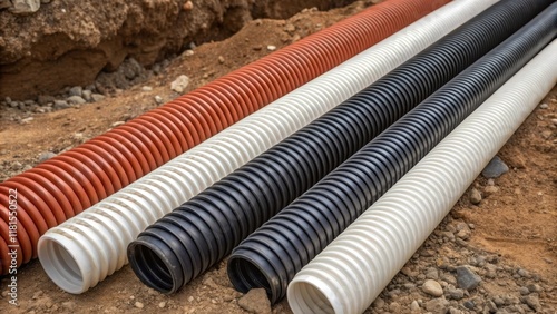 A macro photograph capturing the diversity of conduit sizes and shapes against a backdrop of dirt and gravel. Each conduits texture varies some smooth and shiny while others are