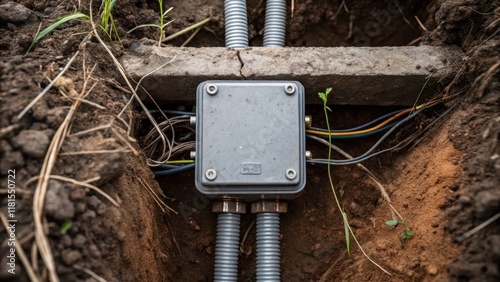 A macro shot capturing the intricate details of a junction box attached to the conduit within the trench. The box is halfburied in dirt with wires protruding and intertwining. Tiny photo