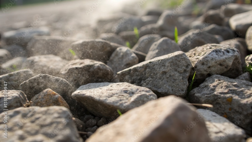 A macro shot focusing on the interlocking stones of the ballast revealing the fine details of their surfaces. Dust particles are visible in the air caught in the light while small A macro shot focusing on the interlocking stones of the ballast revealing the fine details of their surfaces. Dust particles are visible in the air caught in the light while small