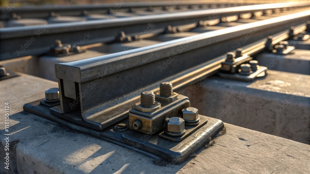 A macro shot of a rail switch mechanism where the metal components glint against the backdrop of the concrete base with screws and bolts highlighted by shadows and light. A macro shot of a rail switch mechanism where the metal components glint against the backdrop of the concrete base with screws and bolts highlighted by shadows and light.