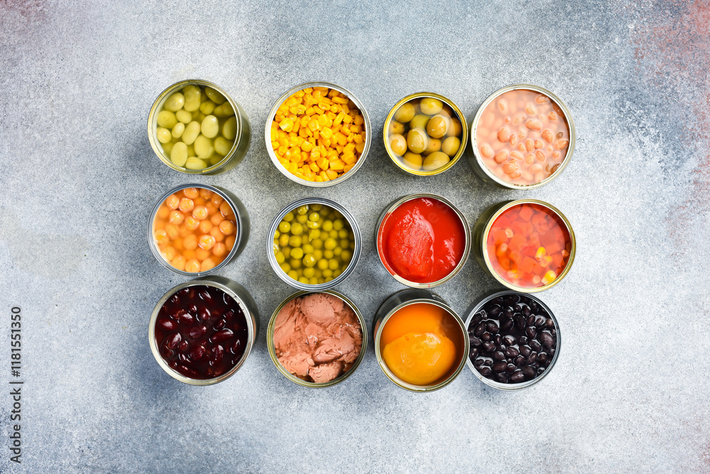 Set of canned preserves food in tin open cans. Food stocks. Side view. Set of canned preserves food in tin open cans. Food stocks. Side view.