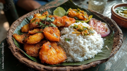 Delicious Indian Fish and Rice Meal photo