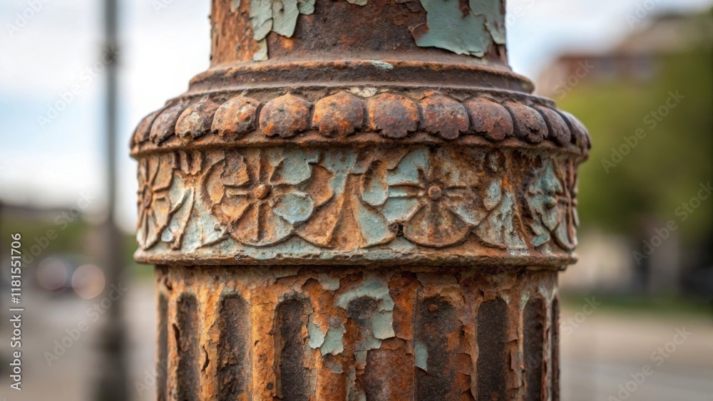 A macro shot revealing the rusted details of an old streetlight pole with its weathered paint flaking off in layers. The focus is on the intricate patterns formed by the corrosion A macro shot revealing the rusted details of an old streetlight pole with its weathered paint flaking off in layers. The focus is on the intricate patterns formed by the corrosion